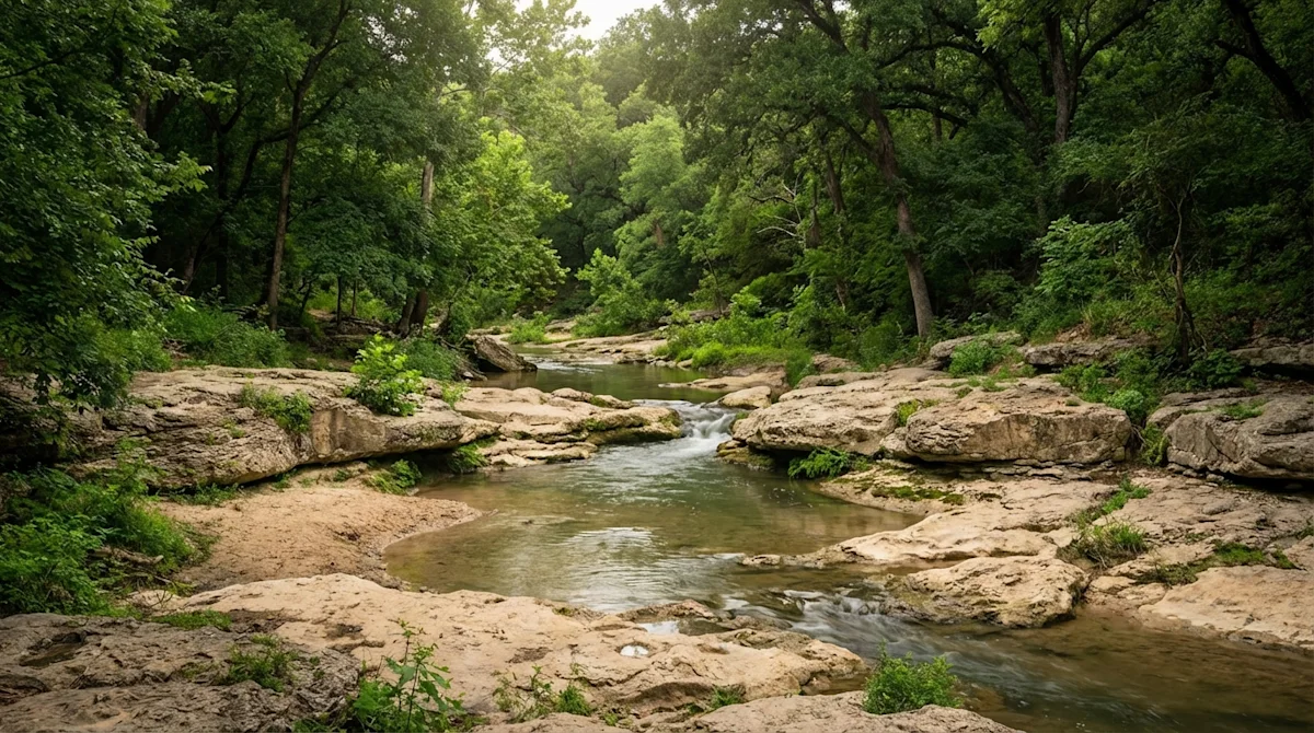 Scenic South Austin Greenbelt trails featuring a creek flowing over limestone rocks and lush green trees.