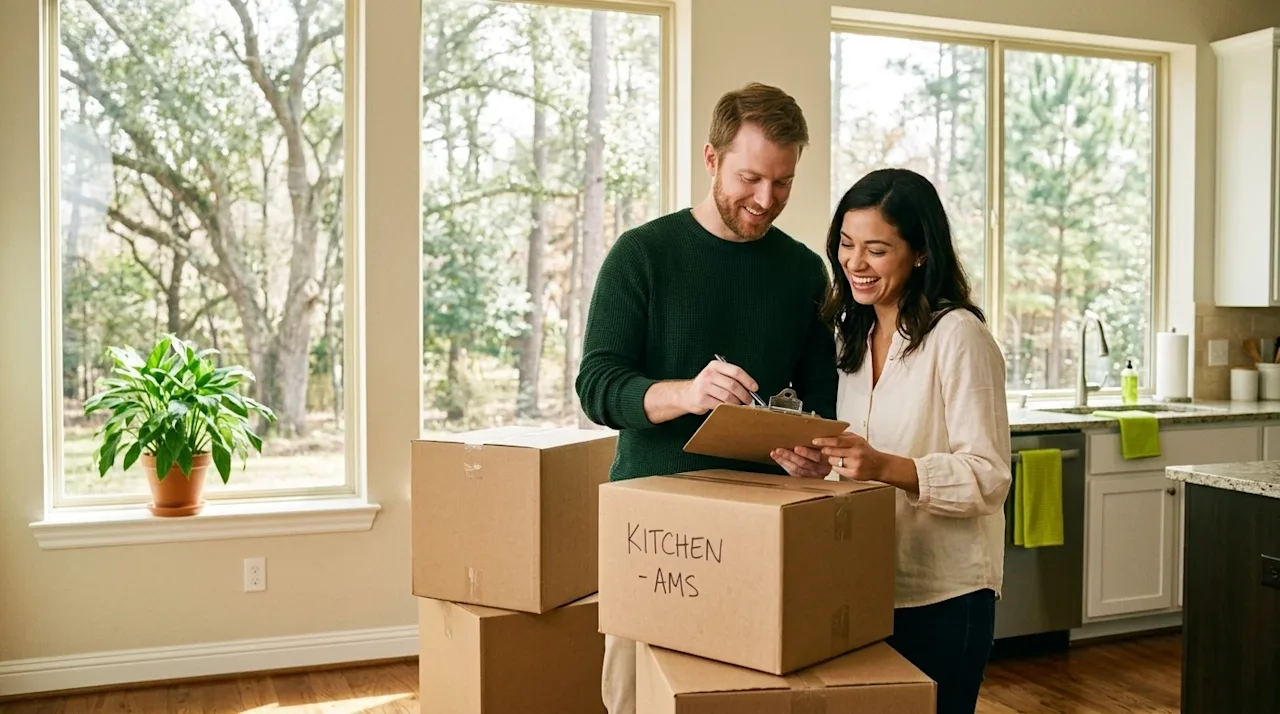 Candid 35mm film photography of a smiling couple in a bright, sunlit suburban home with large windows revealing lush trees ou