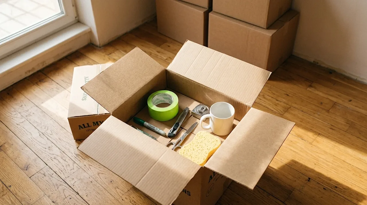 Candid lifestyle photography, a high-angle shot of an open kraft brown cardboard moving box resting on a warm oak hardwood fl