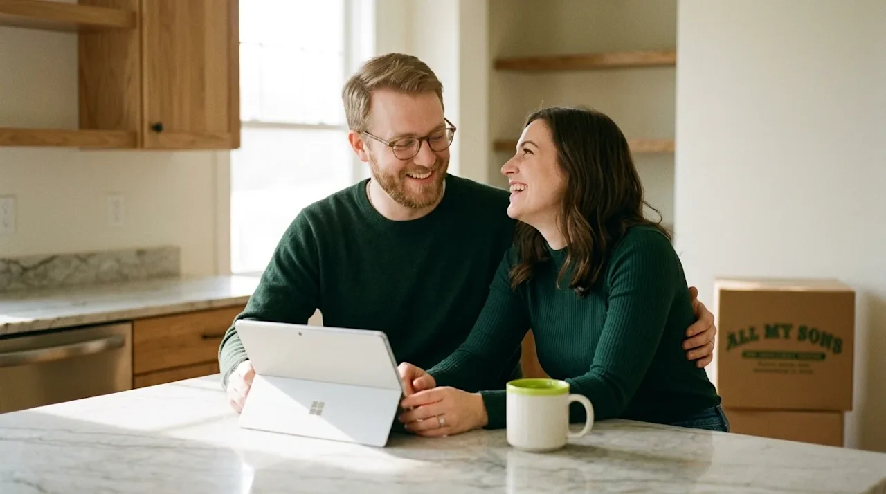 Candid lifestyle photography, 35mm film style, warm, authentic, and slightly nostalgic. A happy, relaxed couple sitting at a