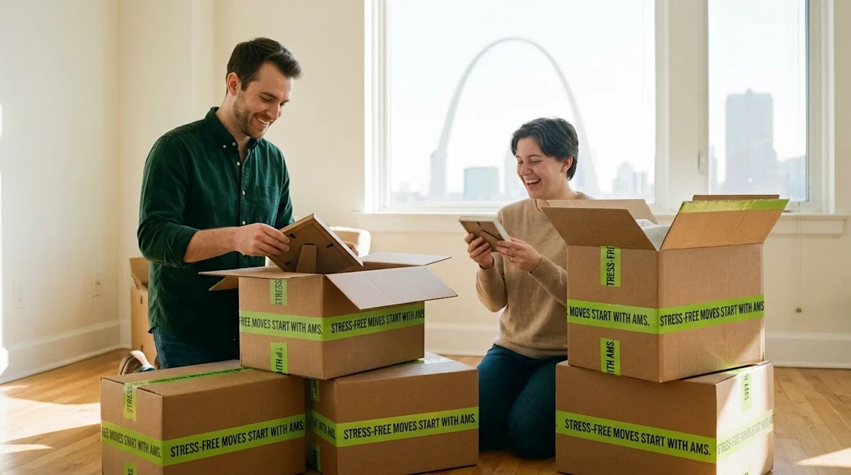 A happy, relaxed couple unpacking craft brown moving boxes in a bright, sunlit living room, glad to have moved.