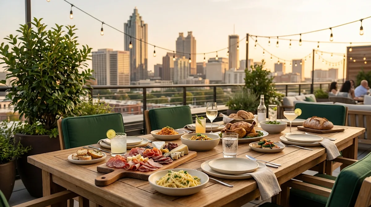 Gourmet rooftop dinner in Atlanta at sunset with forest green chairs and a scenic city skyline background.