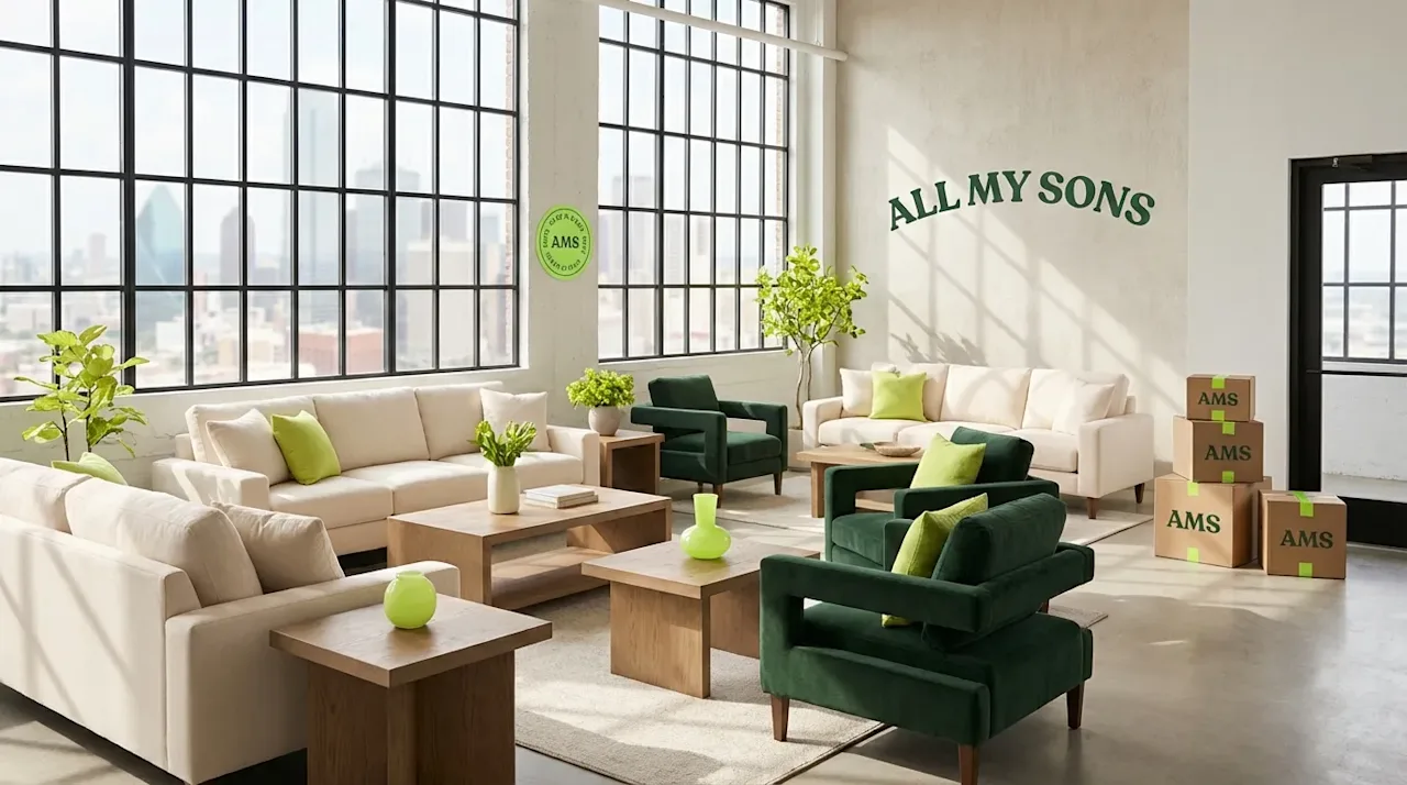 Modern furniture showroom in Dallas with cream sofas and green accents by All My Sons Moving and Storage.