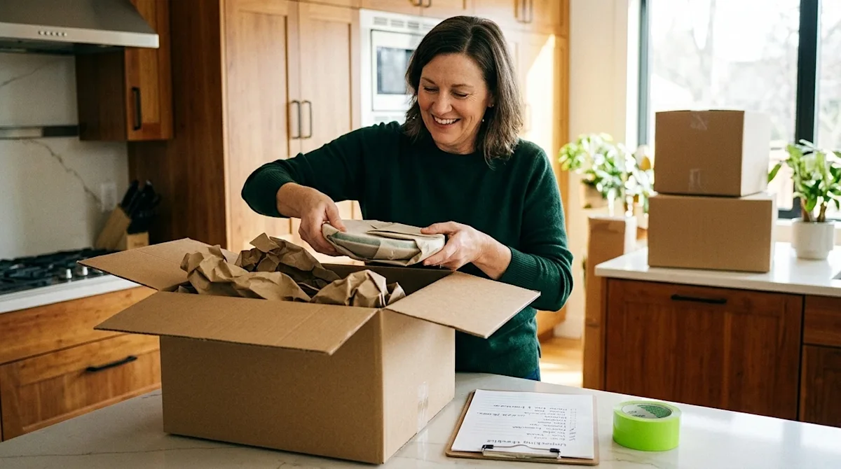 Photorealistic lifestyle photography of an organized homeowner efficiently unpacking sturdy brown cardboard moving boxes in a