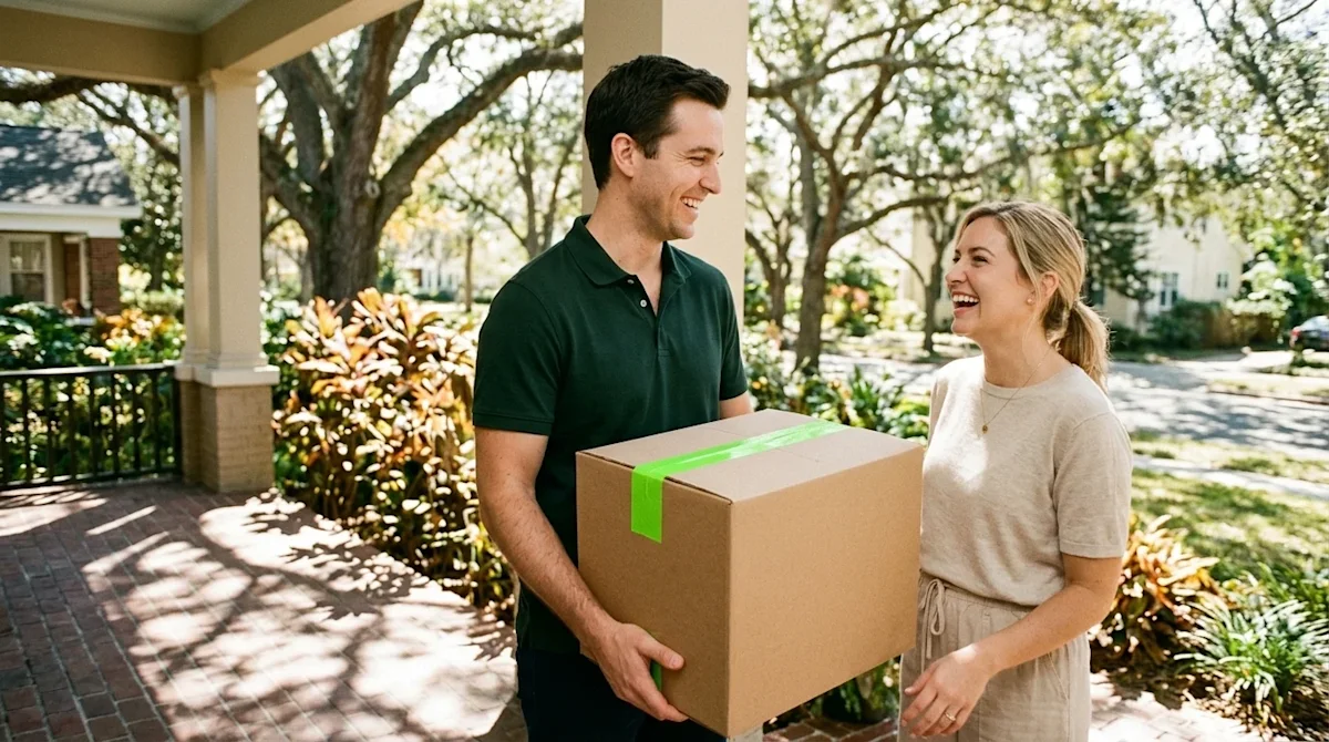 Professional lifestyle marketing photography, full-bleed and completely borderless. A warm, candid shot of a happy couple sta