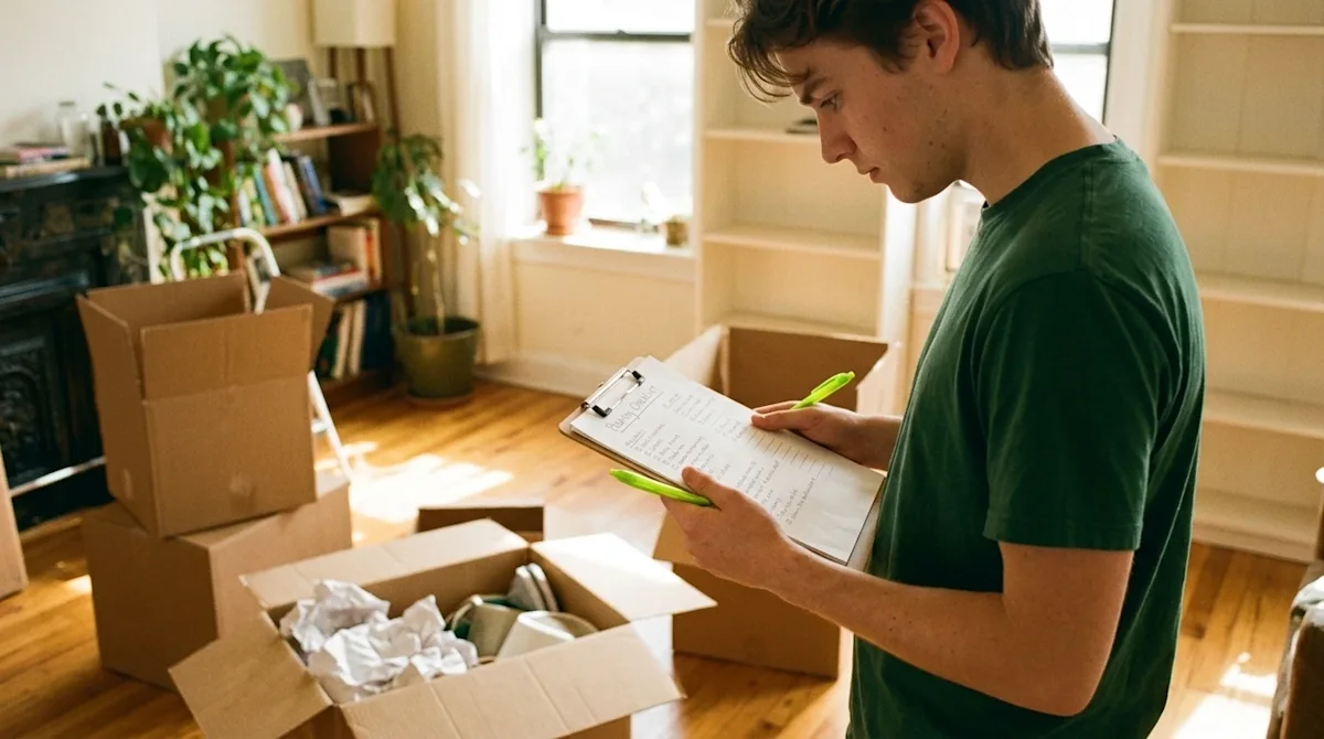 A young man checking a moving checklist on a clipboard while packing cardboard boxes in a bright, modern apartment.