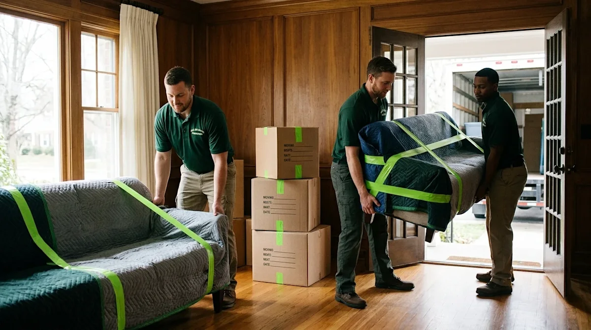 All My Sons professional movers in green uniforms carrying a wrapped sofa into a residential home.