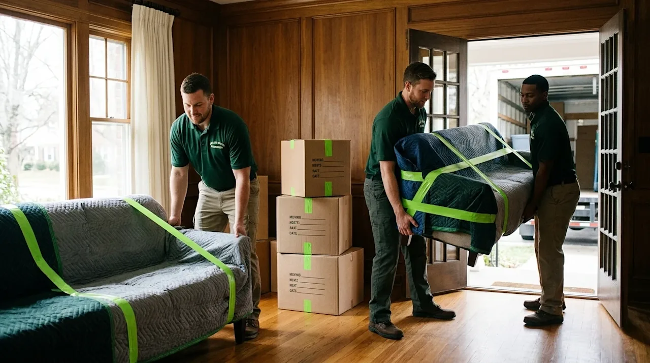 All My Sons professional movers in green uniforms carrying a wrapped sofa into a residential home.