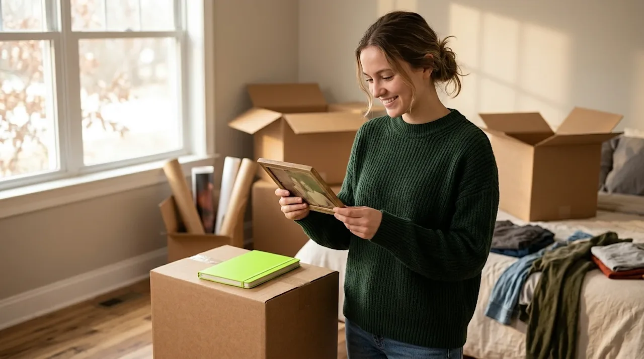 Professional marketing photography of a young adult standing in a partially packed bedroom, smiling thoughtfully while holdin