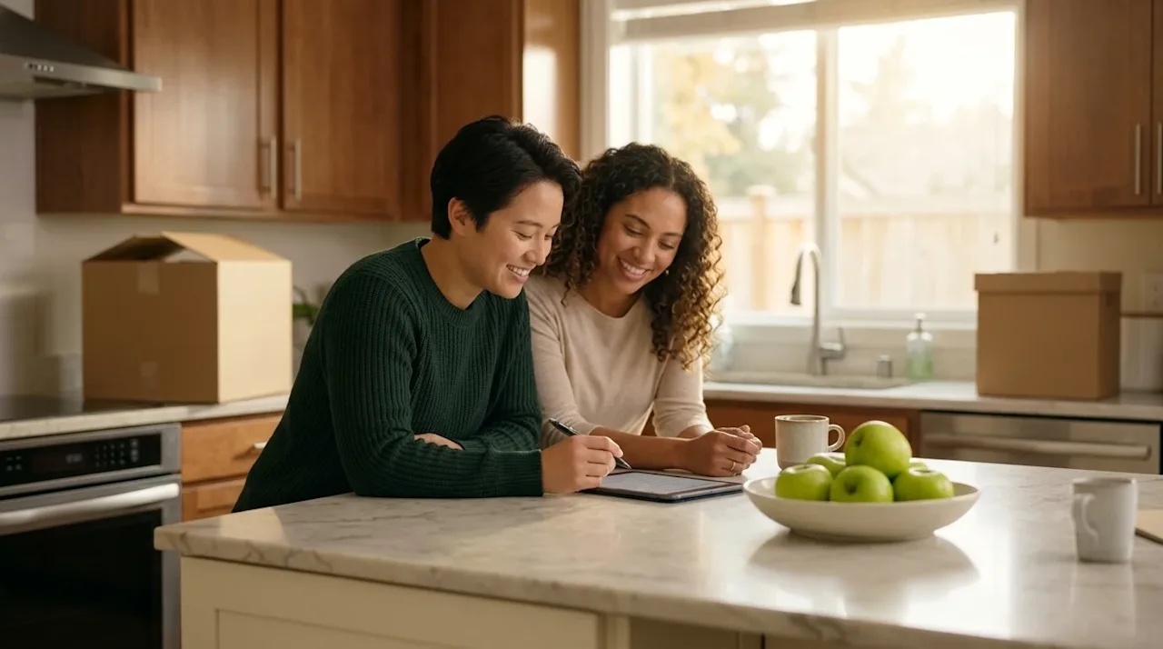 Professional lifestyle marketing photography of a smiling couple sitting at a cream-colored kitchen island, happily planning