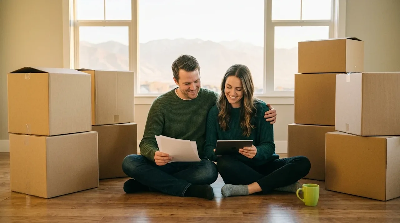 A candid, authentic lifestyle photograph of a happy couple sitting comfortably on the hardwood floor of an airy, freshly move