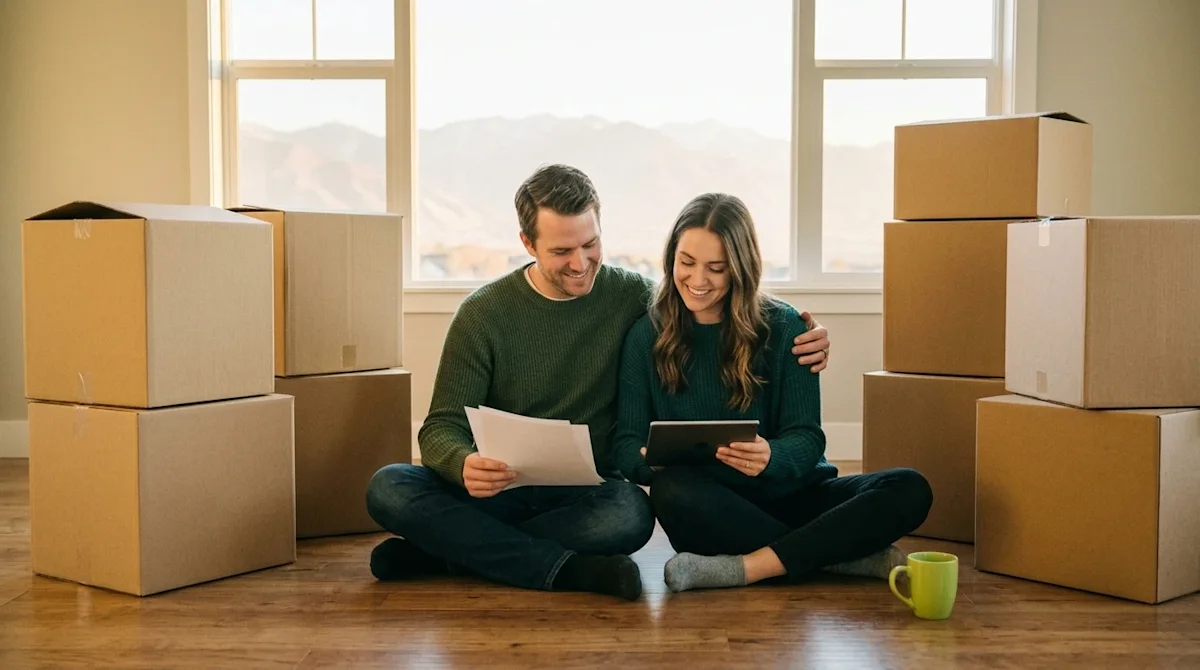 A candid, authentic lifestyle photograph of a happy couple sitting comfortably on the hardwood floor of an airy, freshly move