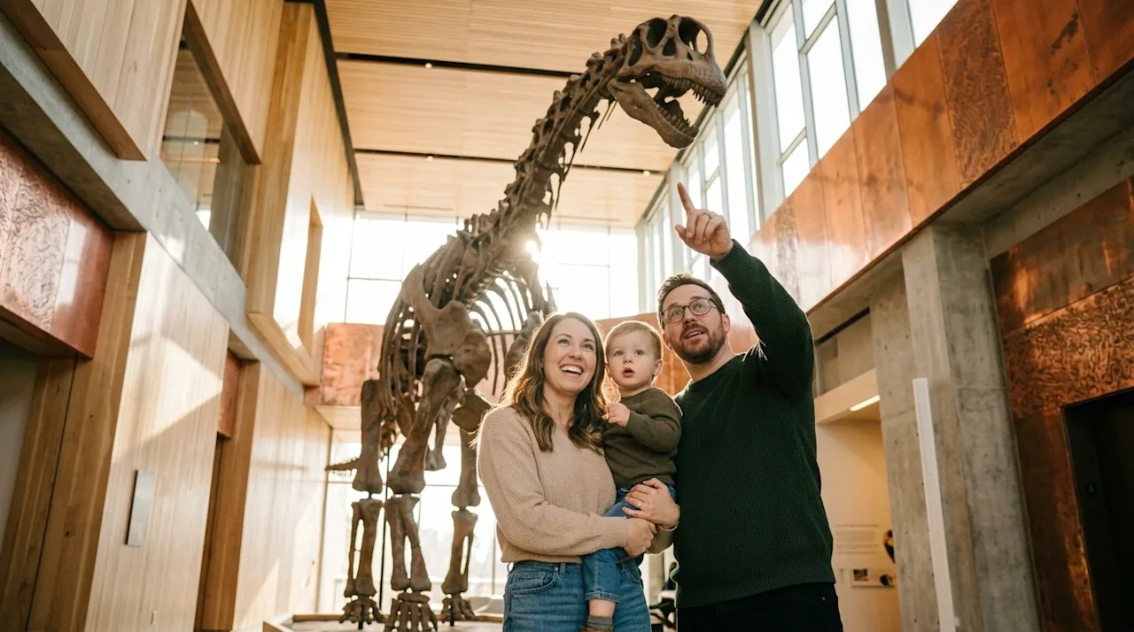 A vibrant, candid lifestyle photograph of a family exploring a grand, modern natural history museum in Salt Lake City, lookin