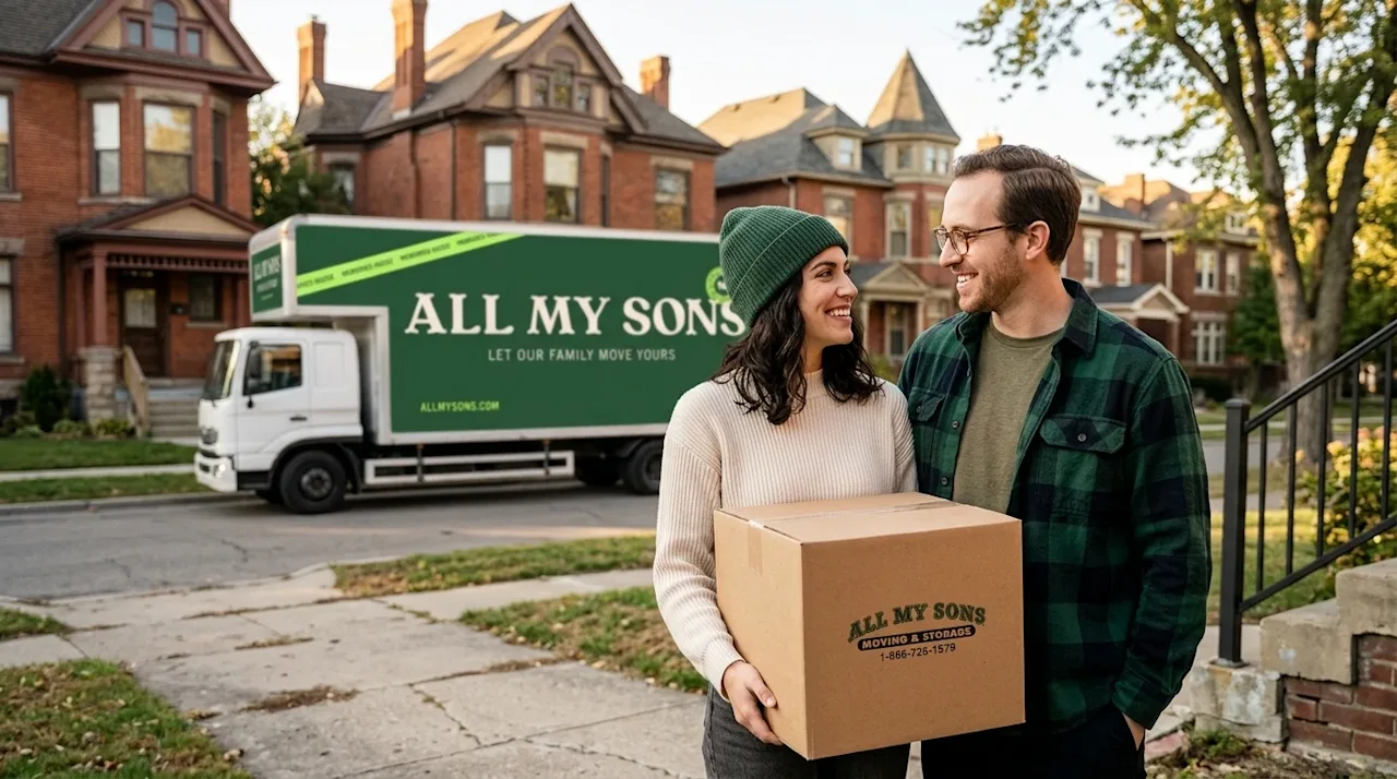 Professional marketing lifestyle photography showing what it is like living in Detroit, Michigan. A happy, modern couple standing in the doorway of their new home.