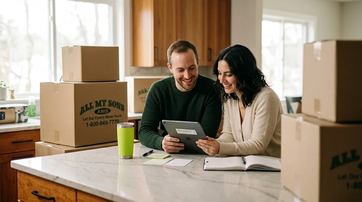 Candid lifestyle photography of a happy couple planning their long-distance move, sitting at a kitchen island and looking smi