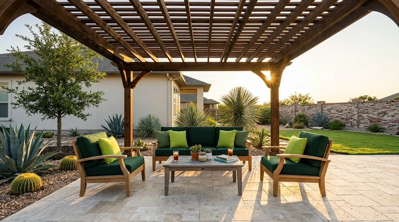 Professional marketing photography of a beautiful, newly constructed wooden pergola in a sunny South San Antonio backyard. Th