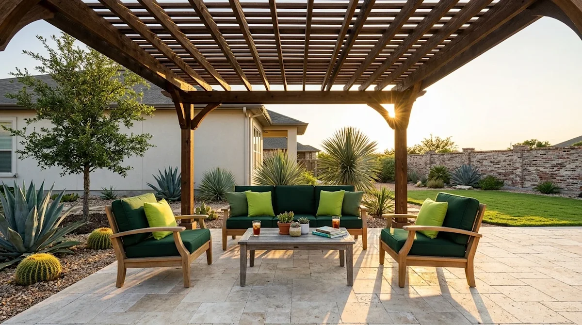 Professional marketing photography of a beautiful, newly constructed wooden pergola in a sunny South San Antonio backyard. Th