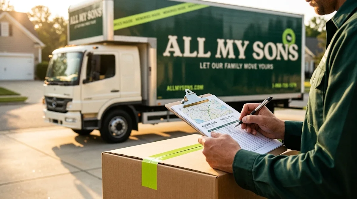 A warm, realistic, documentary-style photograph illustrating the planning of a moving journey, shot with a 35mm lens for a su