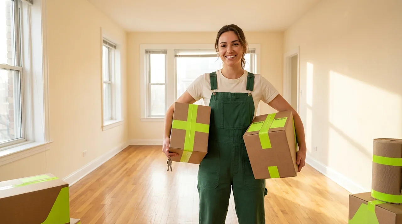 Smiling woman holding moving boxes and keys in a bright empty apartment on moving day.