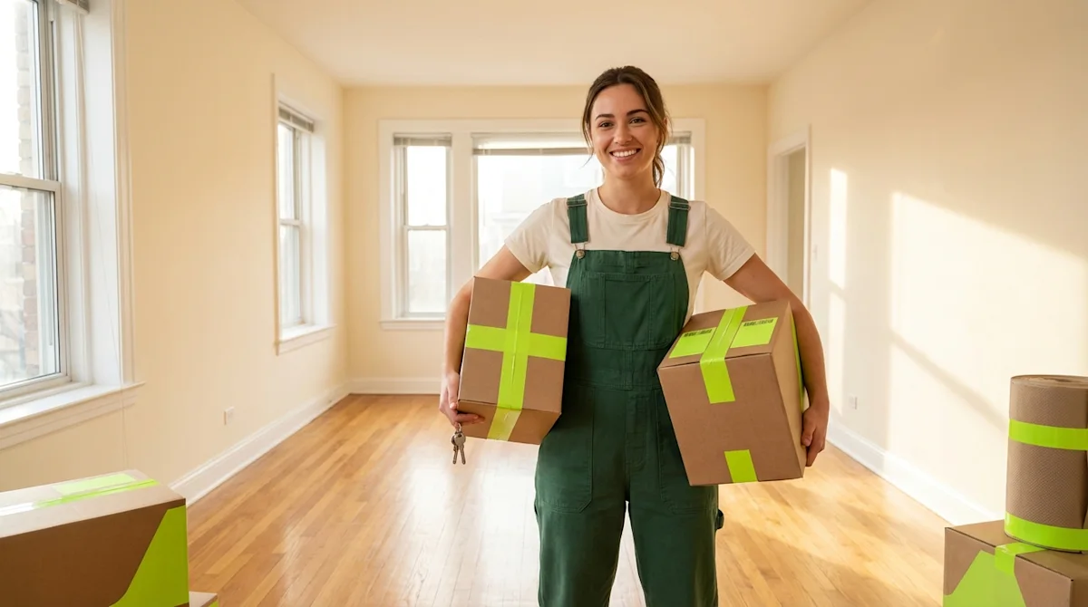 Smiling woman holding moving boxes and keys in a bright empty apartment on moving day.