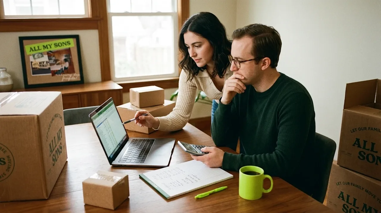 Candid lifestyle 35mm film photography of a young couple sitting at a wooden dining table in a warmly lit, relatable home int
