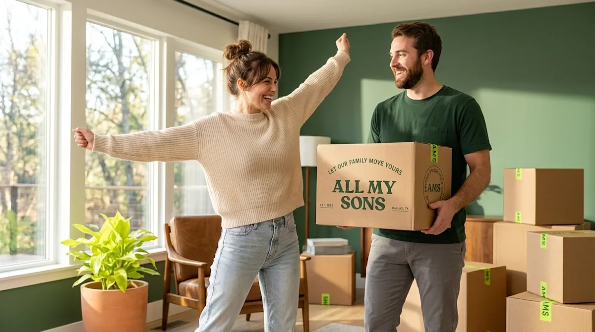 A dynamic, professional marketing photograph of a happy, energetic young couple in a brightly lit modern living room, enthusi