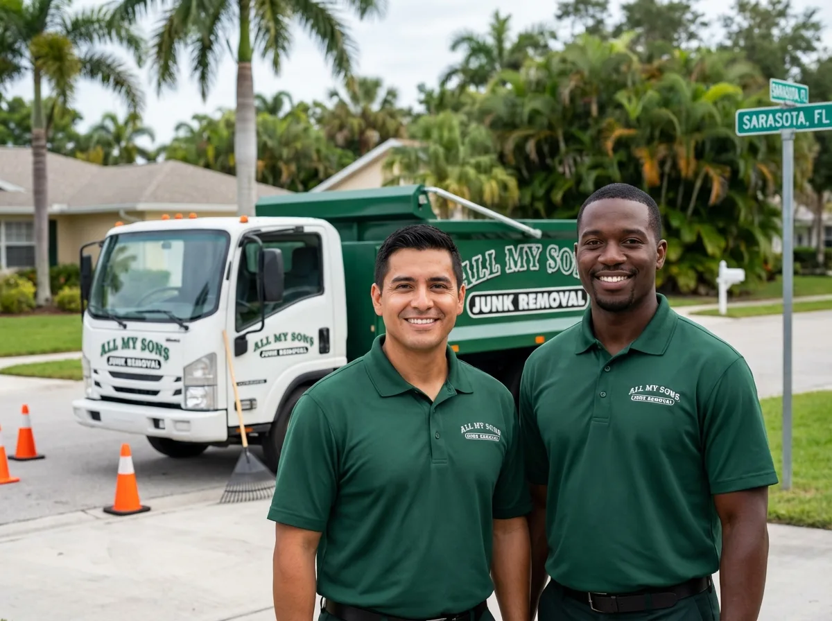 Professional All My Sons Junk Removal crew in green uniforms standing with their truck, safety cones, and tools, ready for residential service.