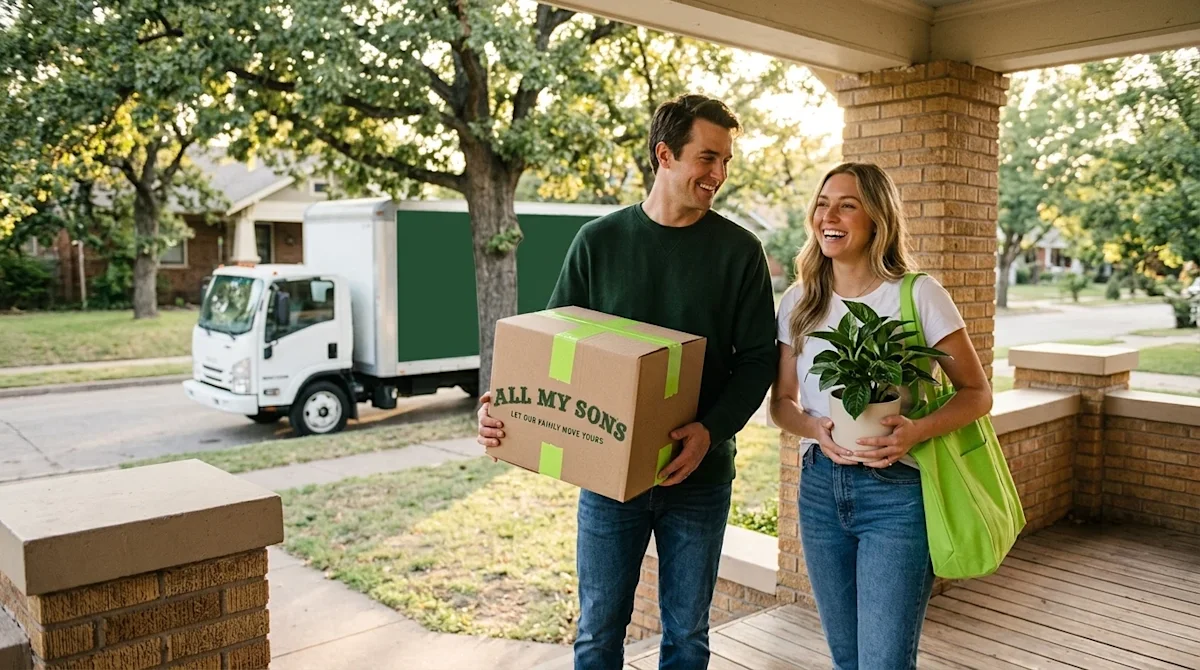 Cinematic lifestyle photography of a happy, relaxed couple standing on the sunny front porch of a charming, historic craftsma