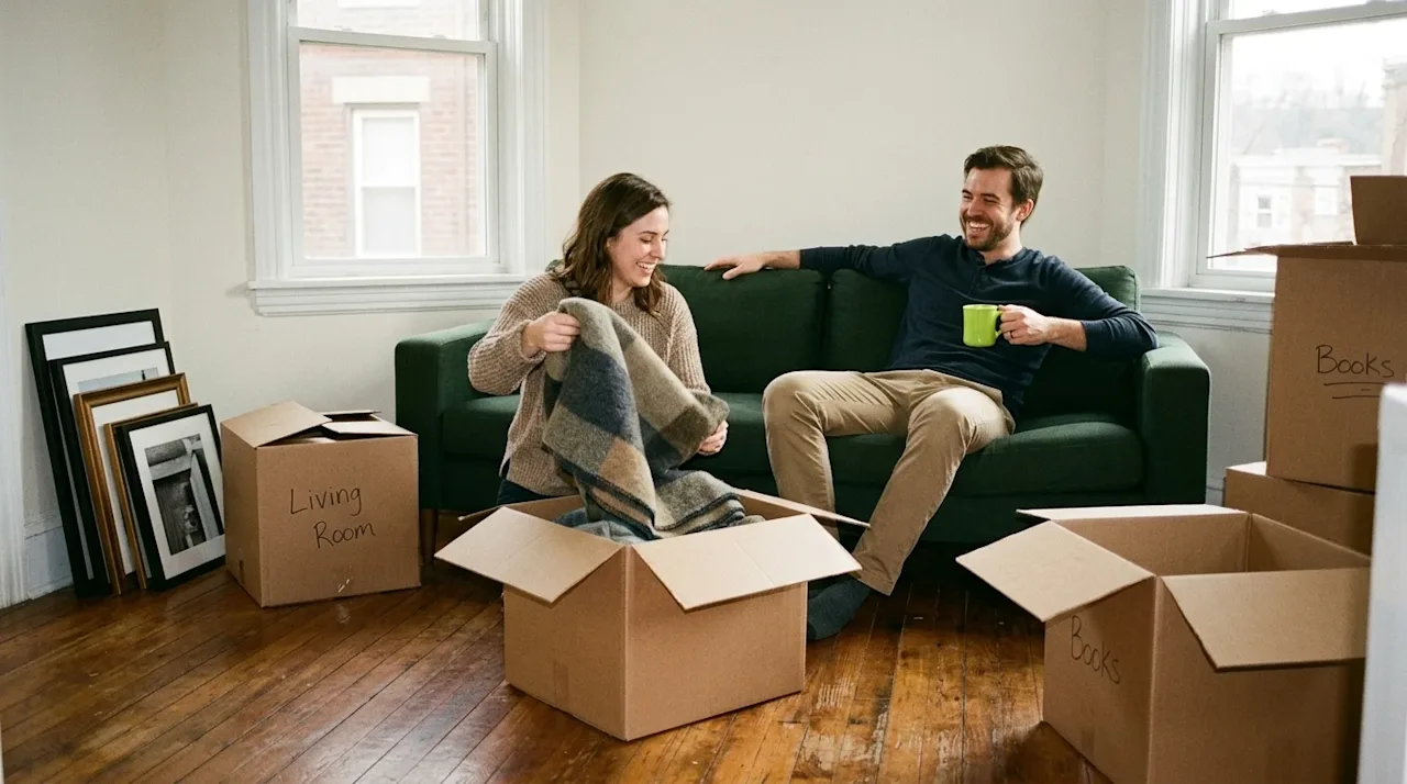 A candid 35mm film lifestyle photograph of a couple happily settling into their new home in Pittsburgh. They are in a cozy, s