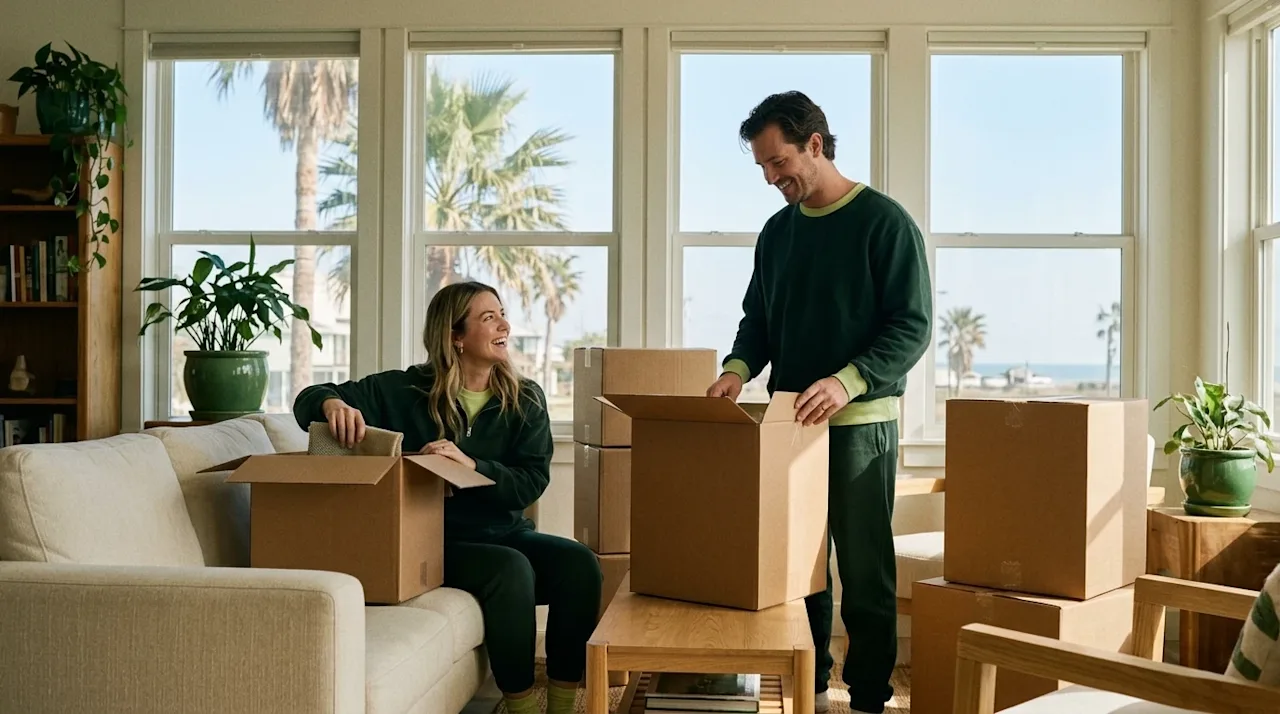 A high-quality lifestyle photograph of a happy couple unpacking moving boxes in a bright, sunlit coastal home in Corpus Chris