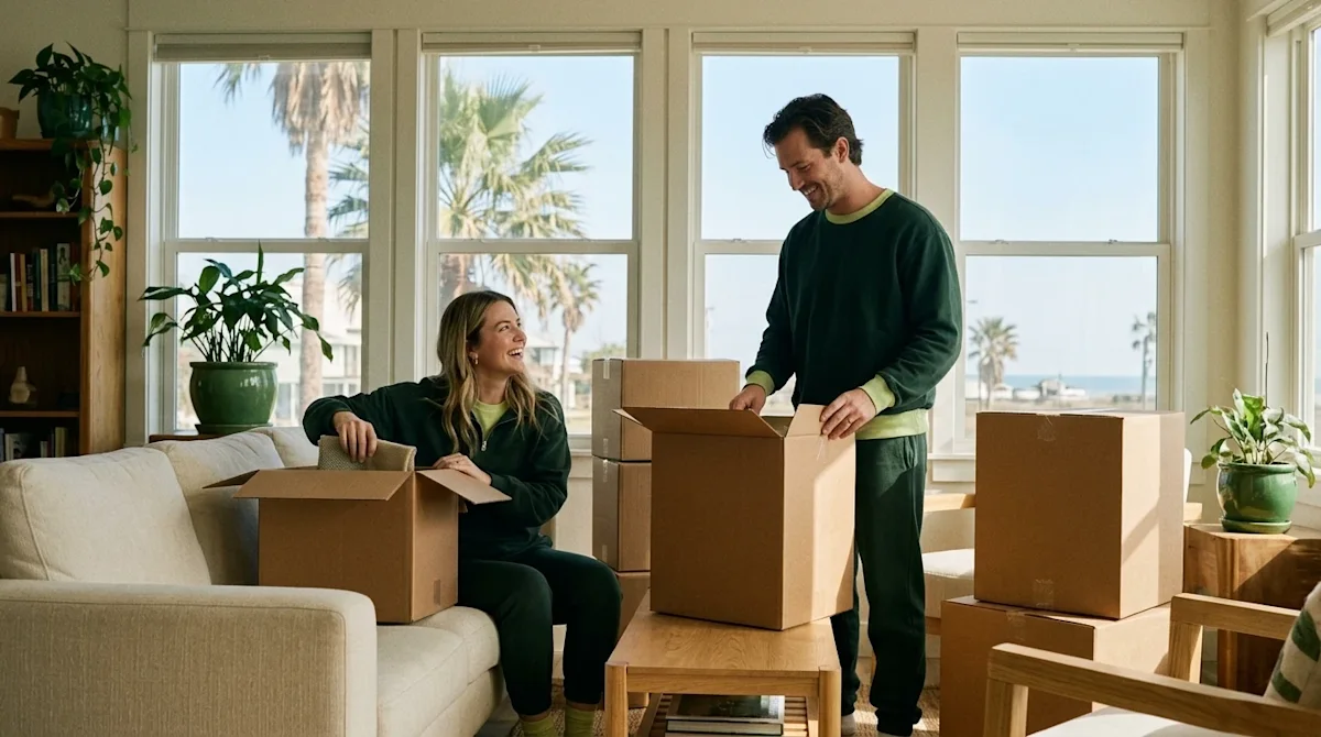 A high-quality lifestyle photograph of a happy couple unpacking moving boxes in a bright, sunlit coastal home in Corpus Chris
