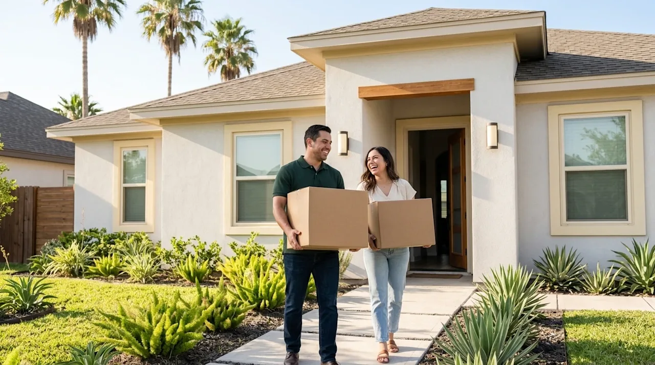 A high-quality, photorealistic lifestyle photograph of a happy couple carrying kraft brown cardboard moving boxes into a beau