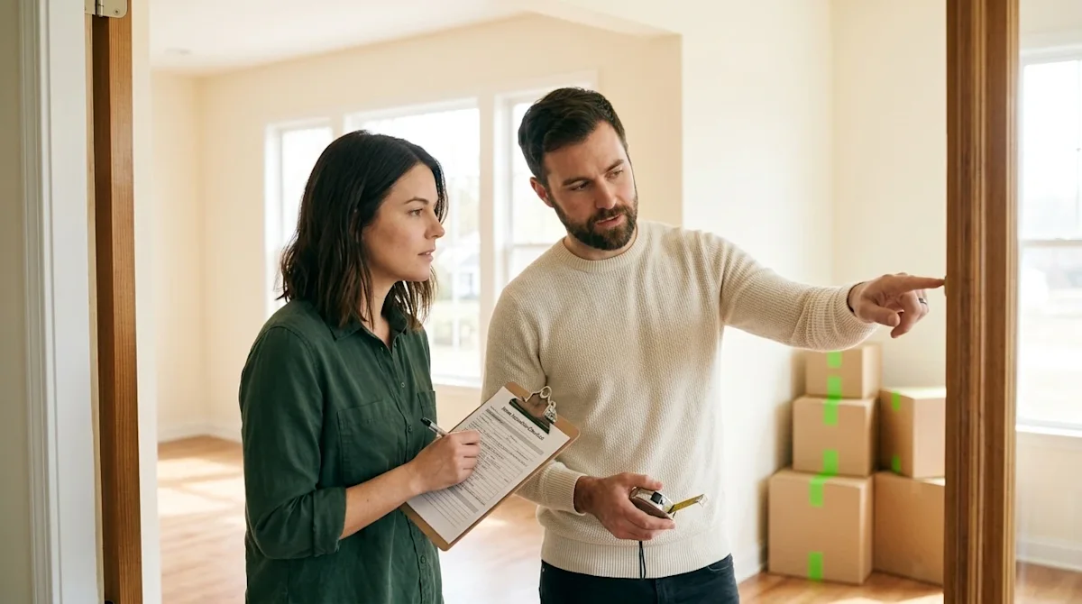 A candid, high-quality lifestyle photograph of a couple carefully inspecting the interior of a bright, mostly empty home, con