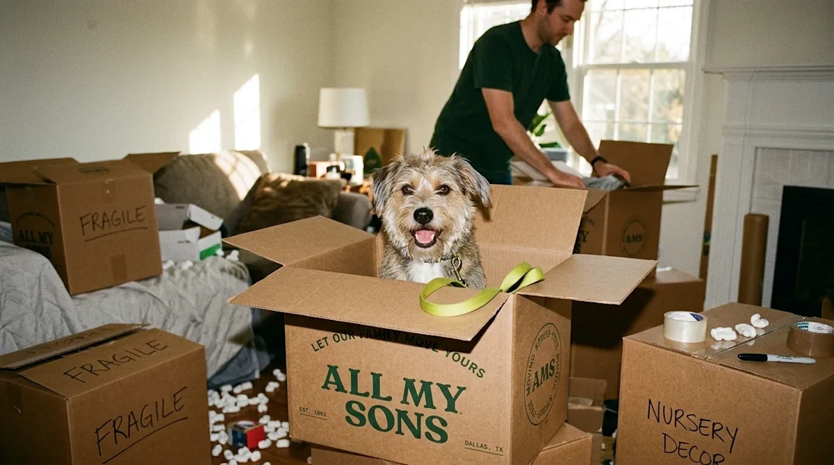 Candid 35mm lifestyle photography of a family moving with their pet. A cute, expressive dog is sitting playfully inside a stu