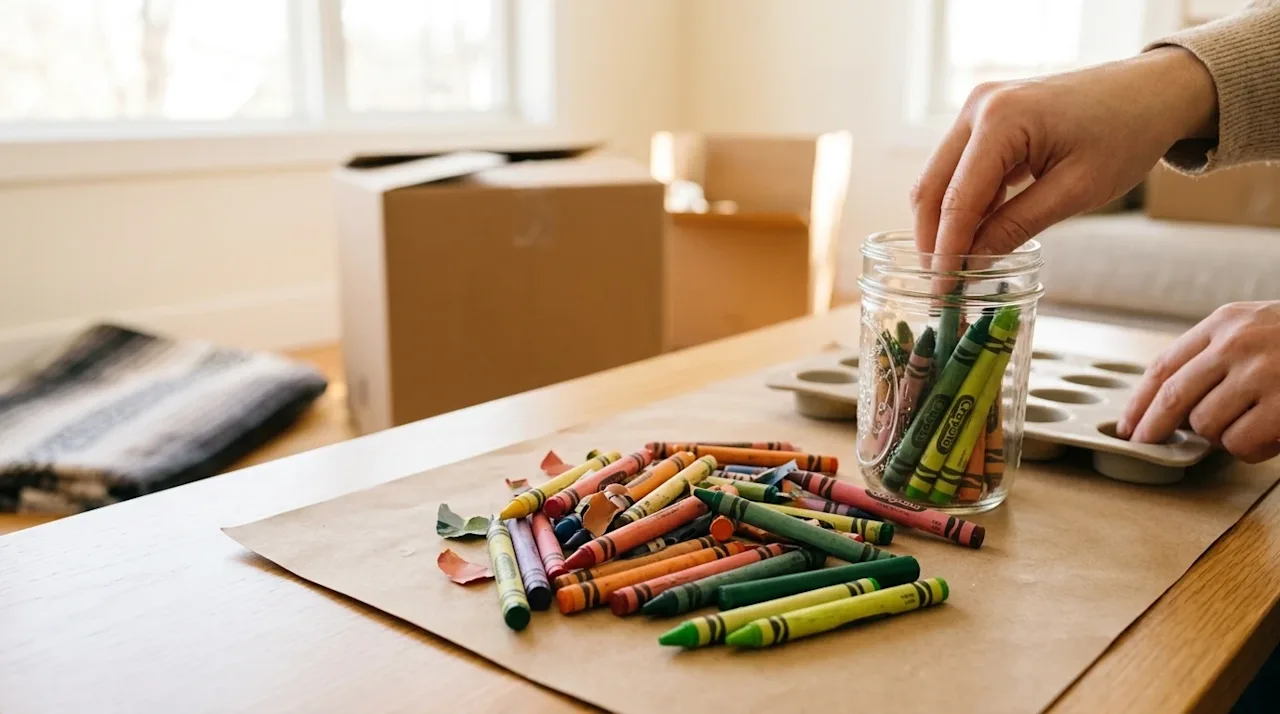 A candid, high-quality lifestyle photograph of a brightly lit home craft table where old, broken wax crayons are being gather