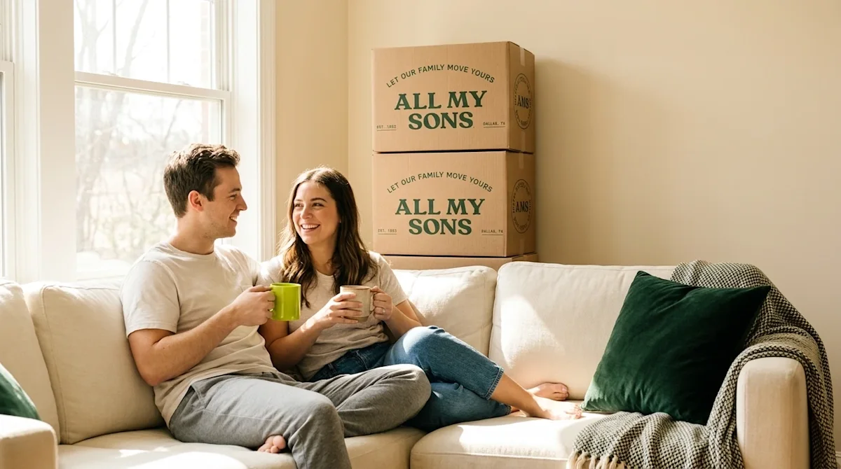Professional marketing photography, lifestyle hero image. A relaxed and happy young couple sitting comfortably on a cream-col