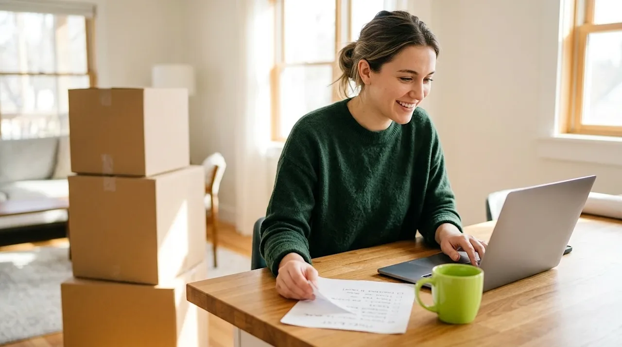 Professional lifestyle marketing photography of a relaxed, smiling young woman sitting at a warm wooden kitchen island in a b