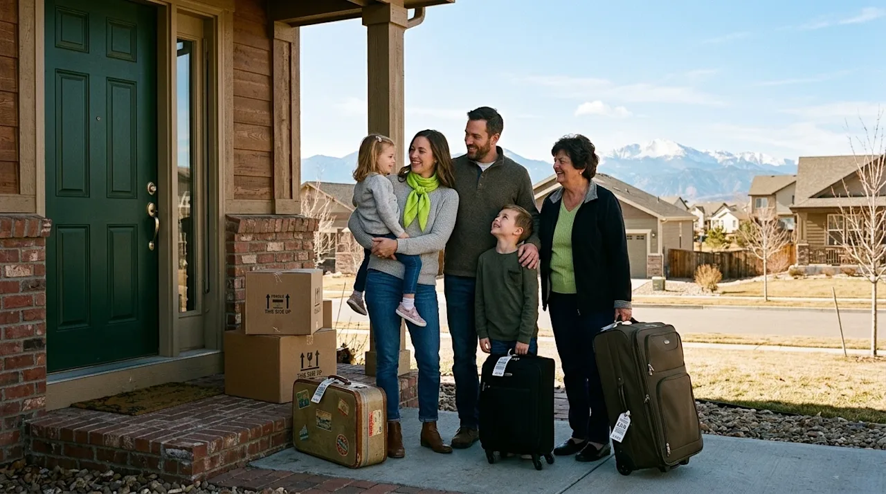 A candid 35mm film photograph of a happy family arriving at their new home in Denver, Colorado, after an international move.