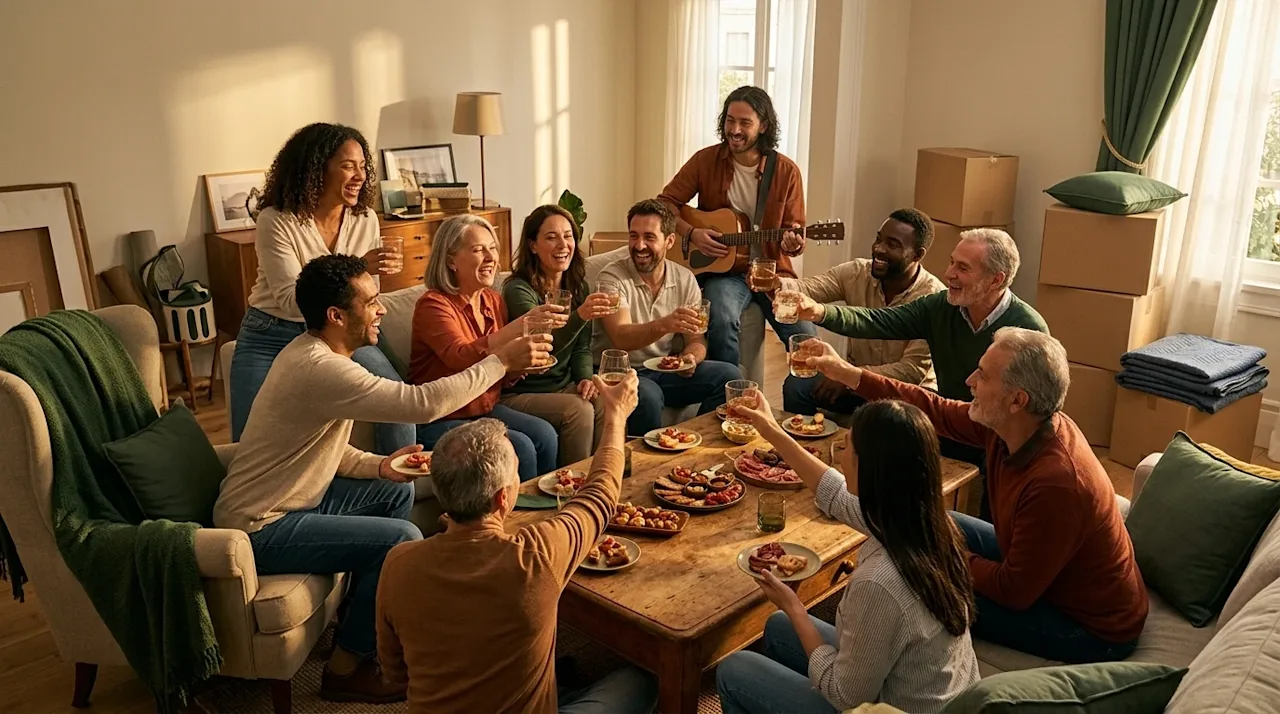 Professional lifestyle photography of a joyful house cooling farewell party in a cozy, spacious living room. A diverse group