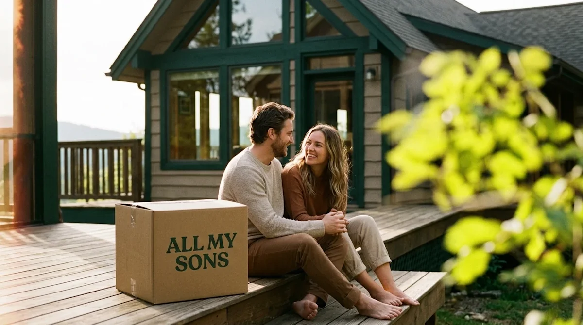 A relaxed, smiling couple standing on the sunlit wooden deck of a beautiful, inviting vacation home in the mountains.