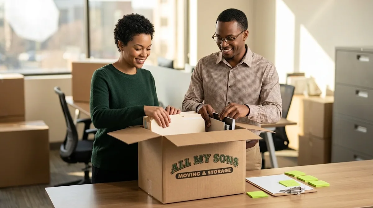 Professional marketing photography of two diverse office employees smiling and collaboratively preparing for an office move i