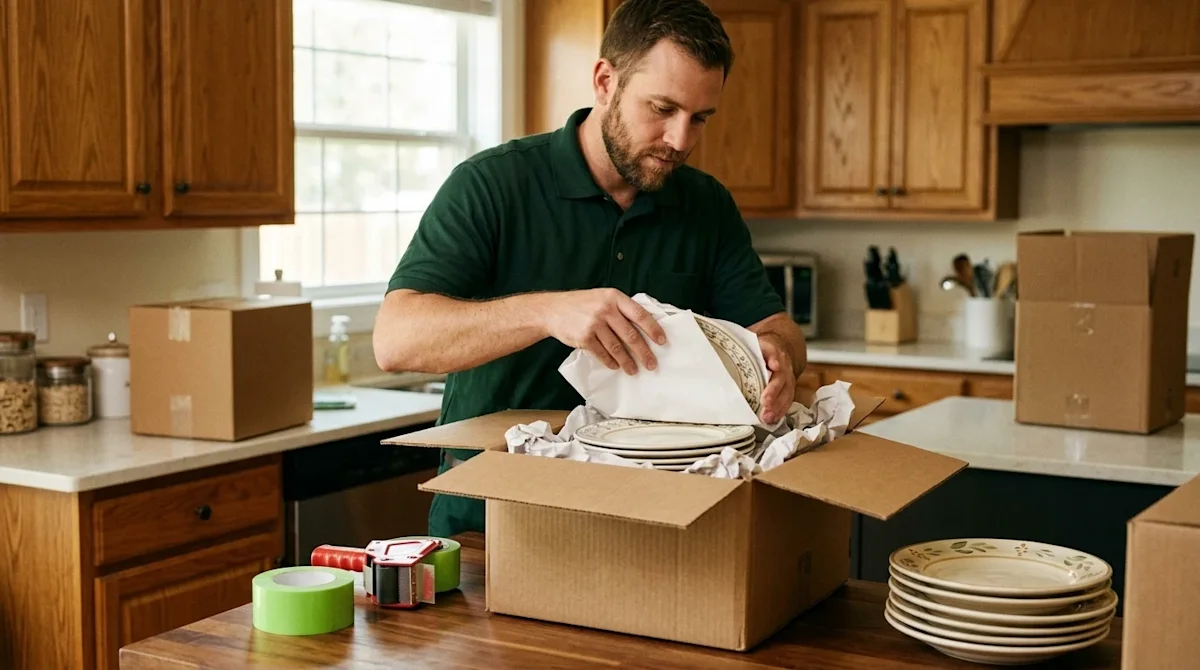 Candid lifestyle photography of a professional mover wearing a dark forest green uniform shirt efficiently and carefully wrap