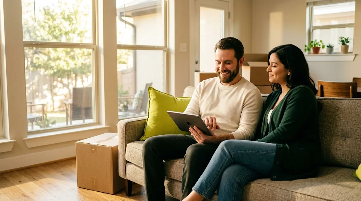 Professional marketing photography of a happy, relaxed couple sitting on a sofa in their bright, sunlit new home in San Anton