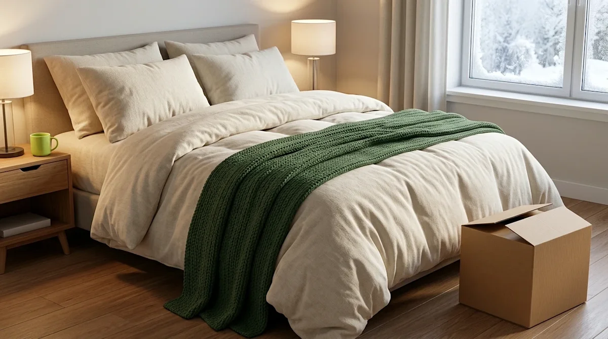 Cozy bedroom with green throw blanket and moving box on wooden floor symbolizing settling into a new home.