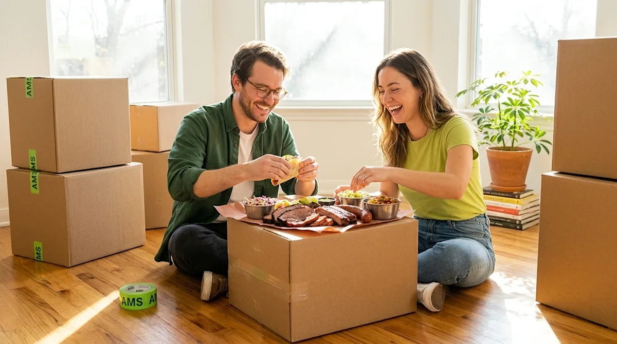 A high-quality, photorealistic lifestyle photograph of a happy couple taking a break from moving to enjoy a vibrant spread of