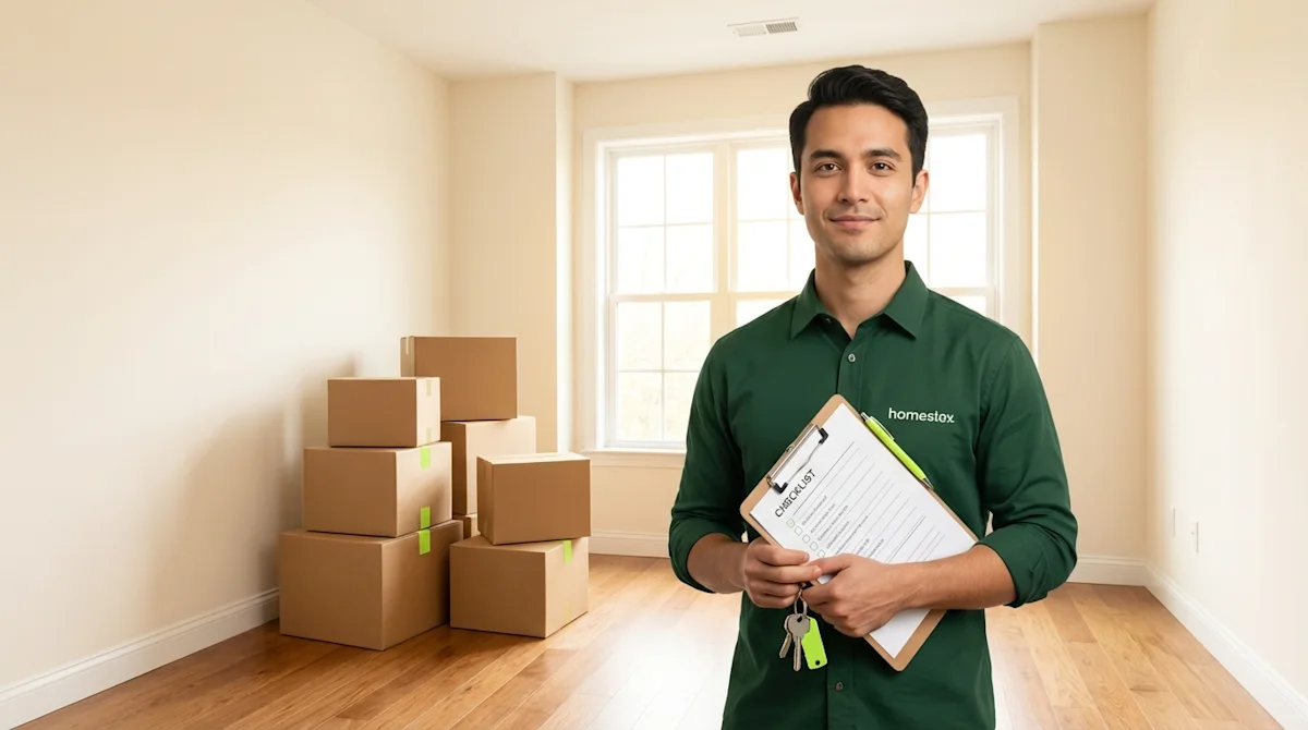 Professional mover in green shirt holding checklist and keys in a clean empty apartment with cardboard boxes.