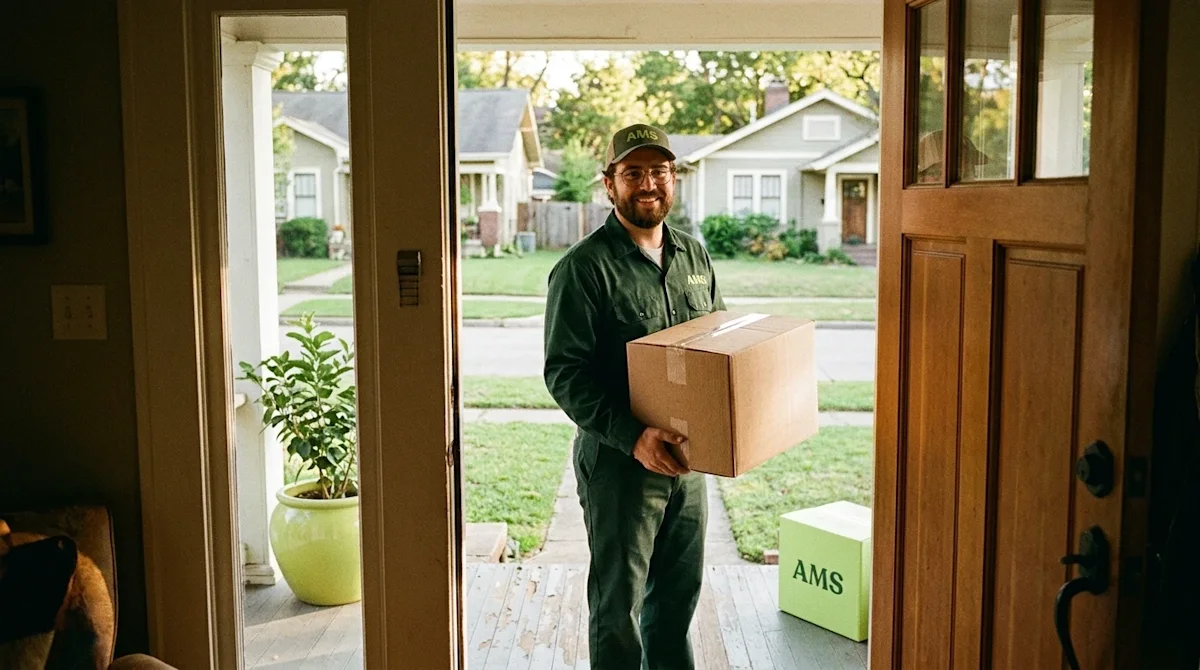 Candid lifestyle photography from a first-person perspective looking out from inside a home through an open front door. A fri