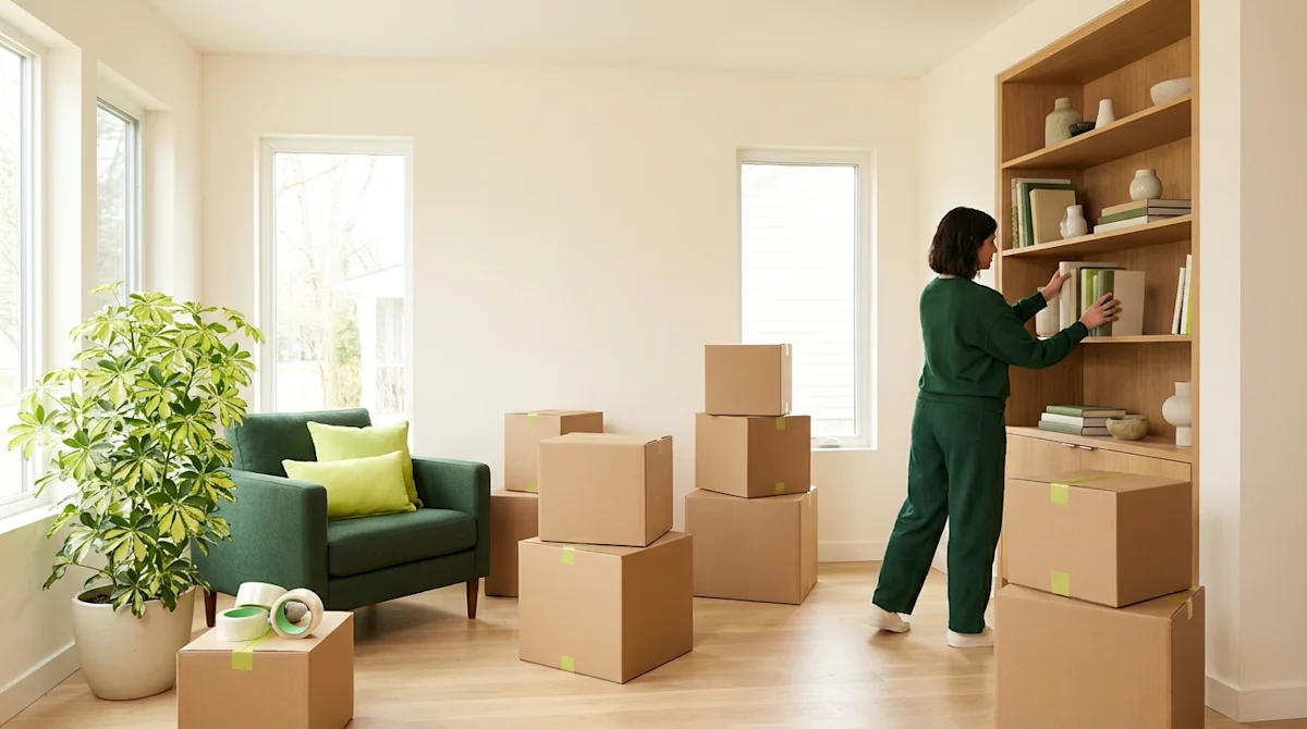 A woman clearing out shelves and packing boxes with green tape, representing the move-out requirements following a lease termination or eviction.