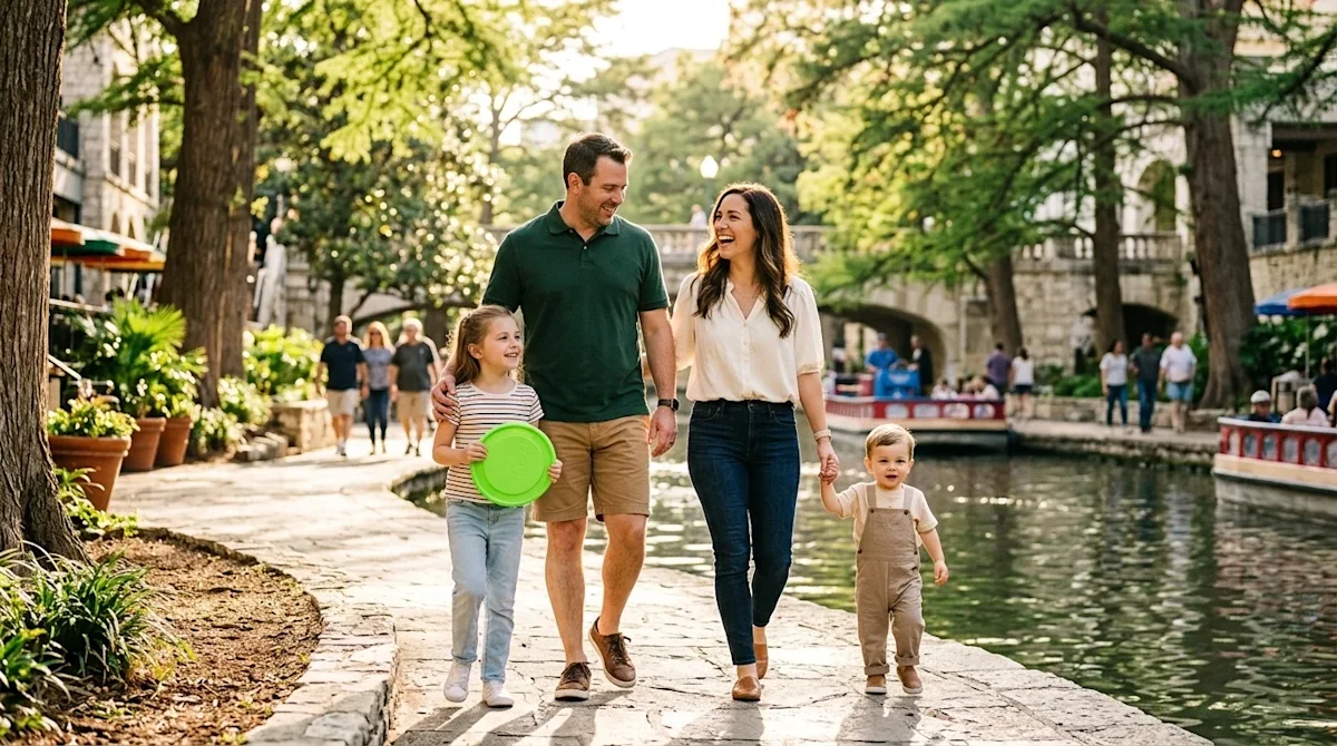 Professional marketing photography of a happy family enjoying a sunny outdoor activity walking along the iconic San Antonio R