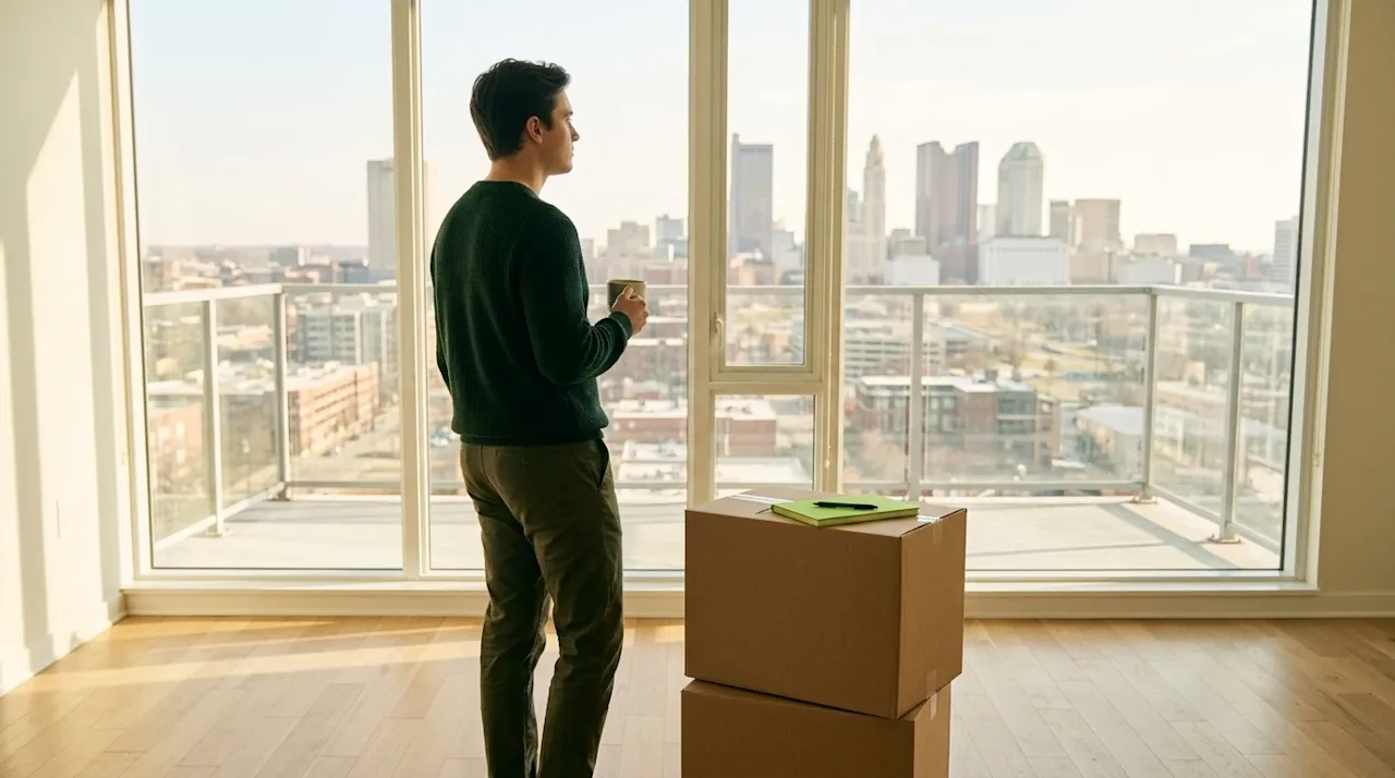 Cinematic lifestyle photography of a thoughtful young professional standing in an empty, sun-drenched new apartment, looking